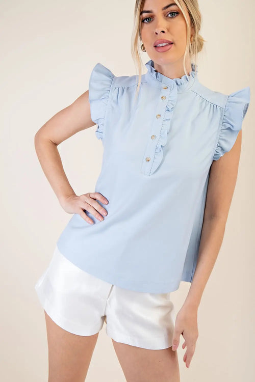 Blusa Celeste con botones en cuello y olán