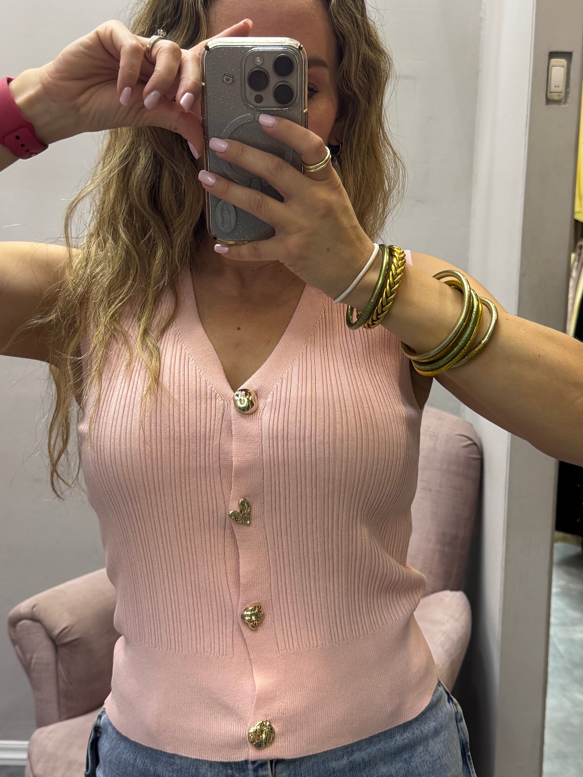 BLUSA DE PUNTO ROSA CON BOTON CORAZON