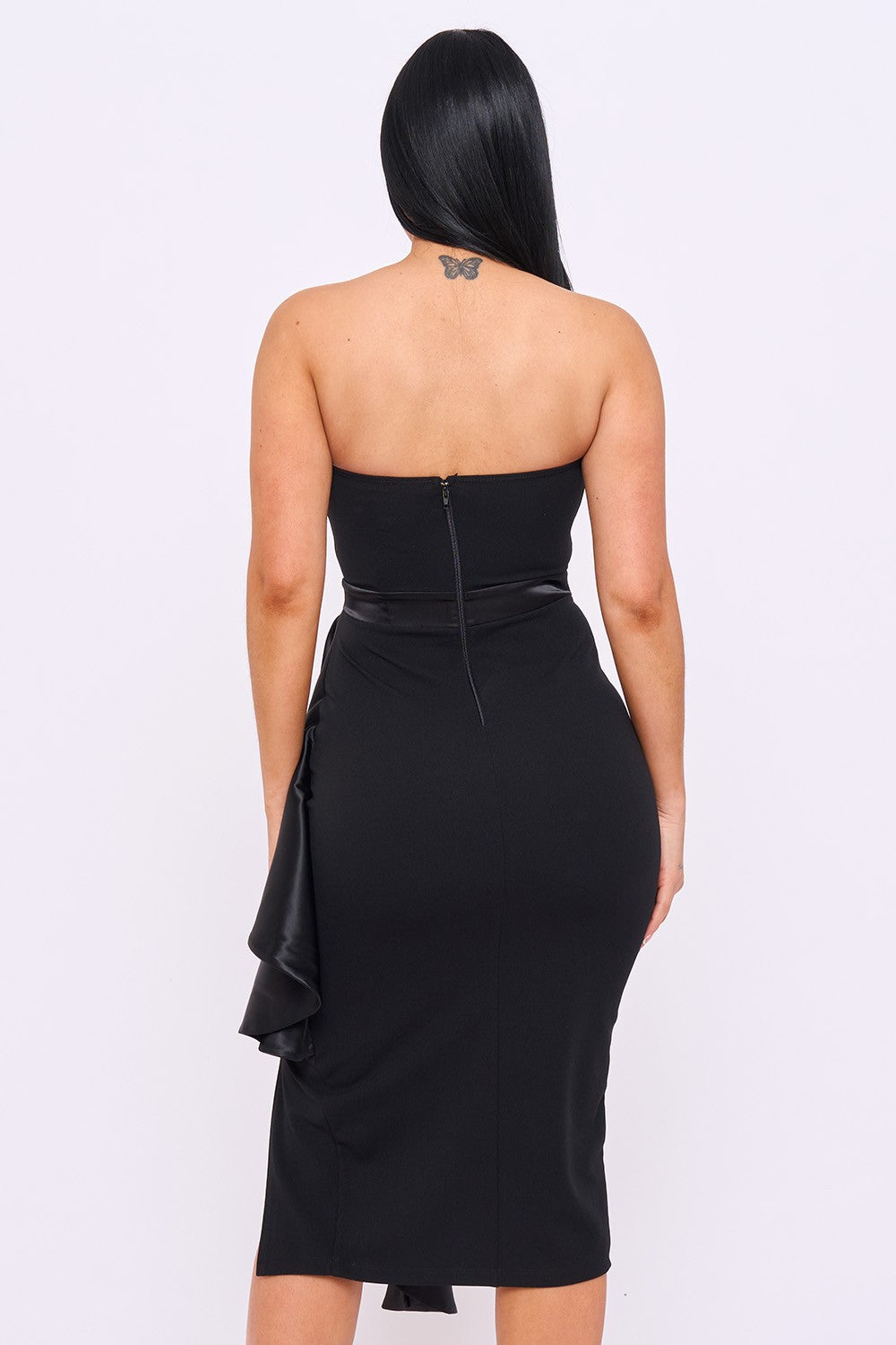 VESTIDO MIDI CON TABLONES DE SATIN NEGRO