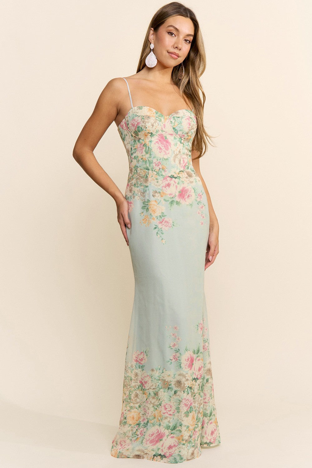 VESTIDO CON CORSET MENTA CON FLORES
