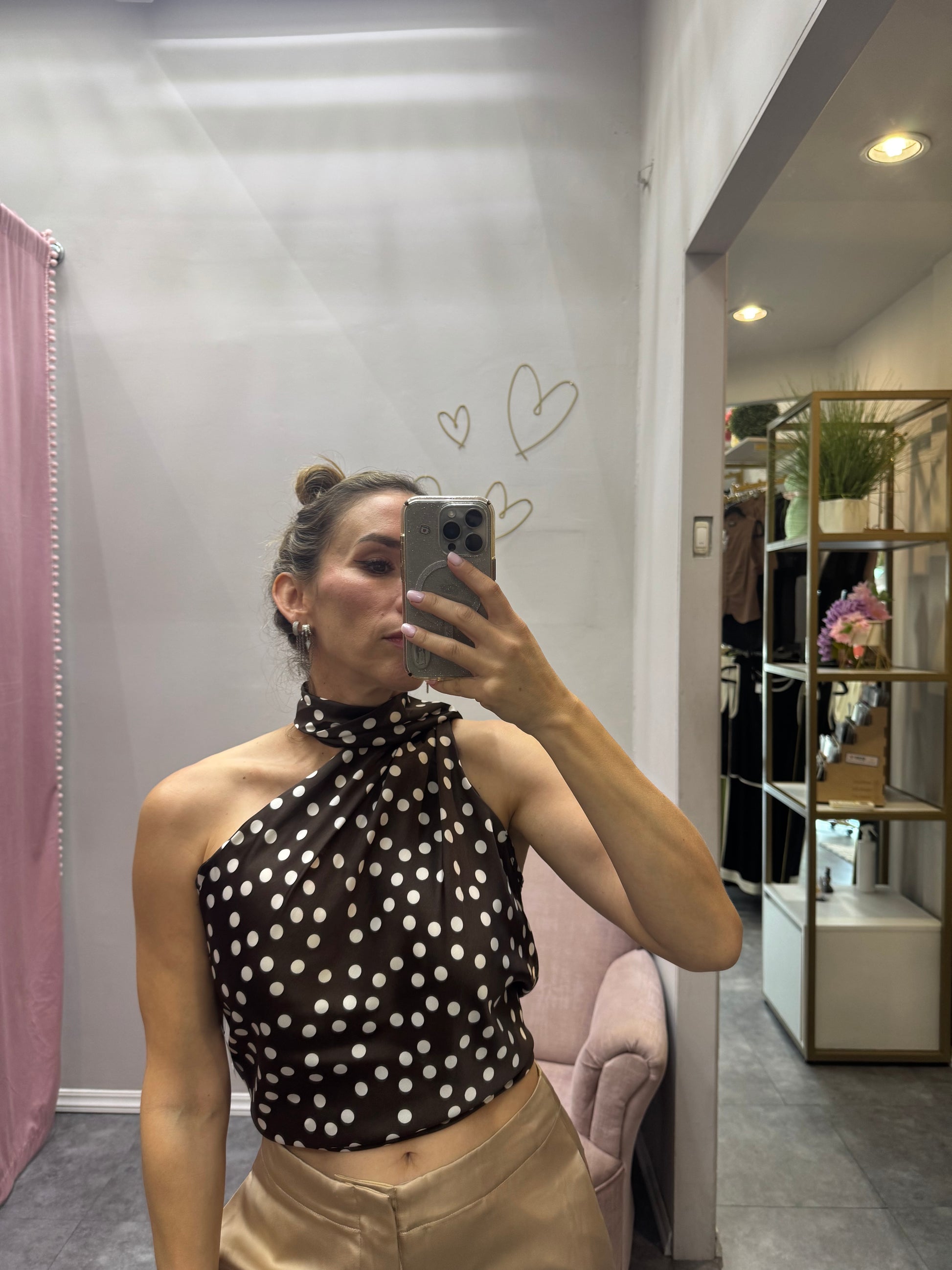TOP DE SATIN POLKA DOT CAFÉ