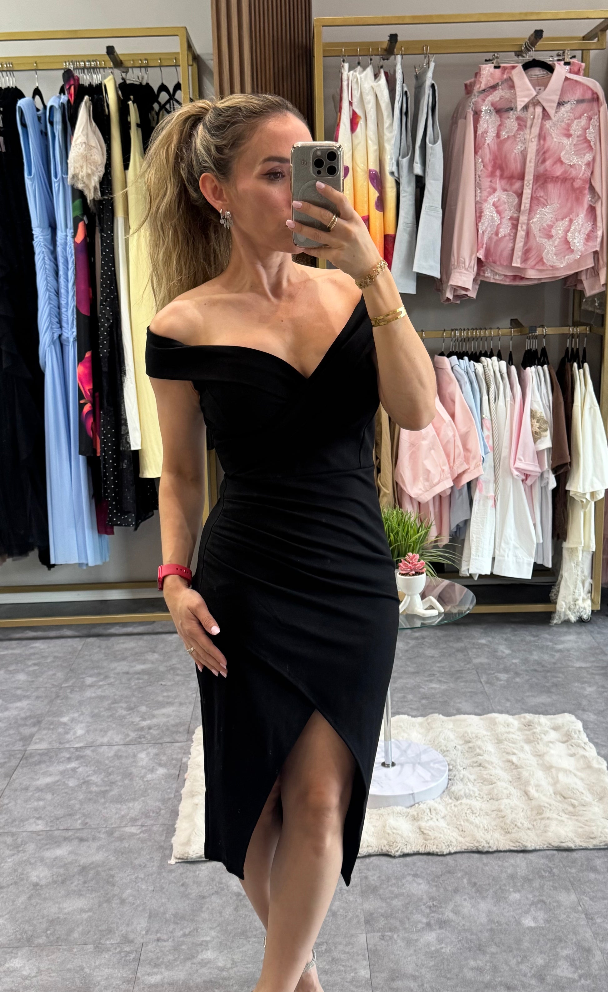 VESTIDO MIDI HOMBROS CAIDOS NEGRO