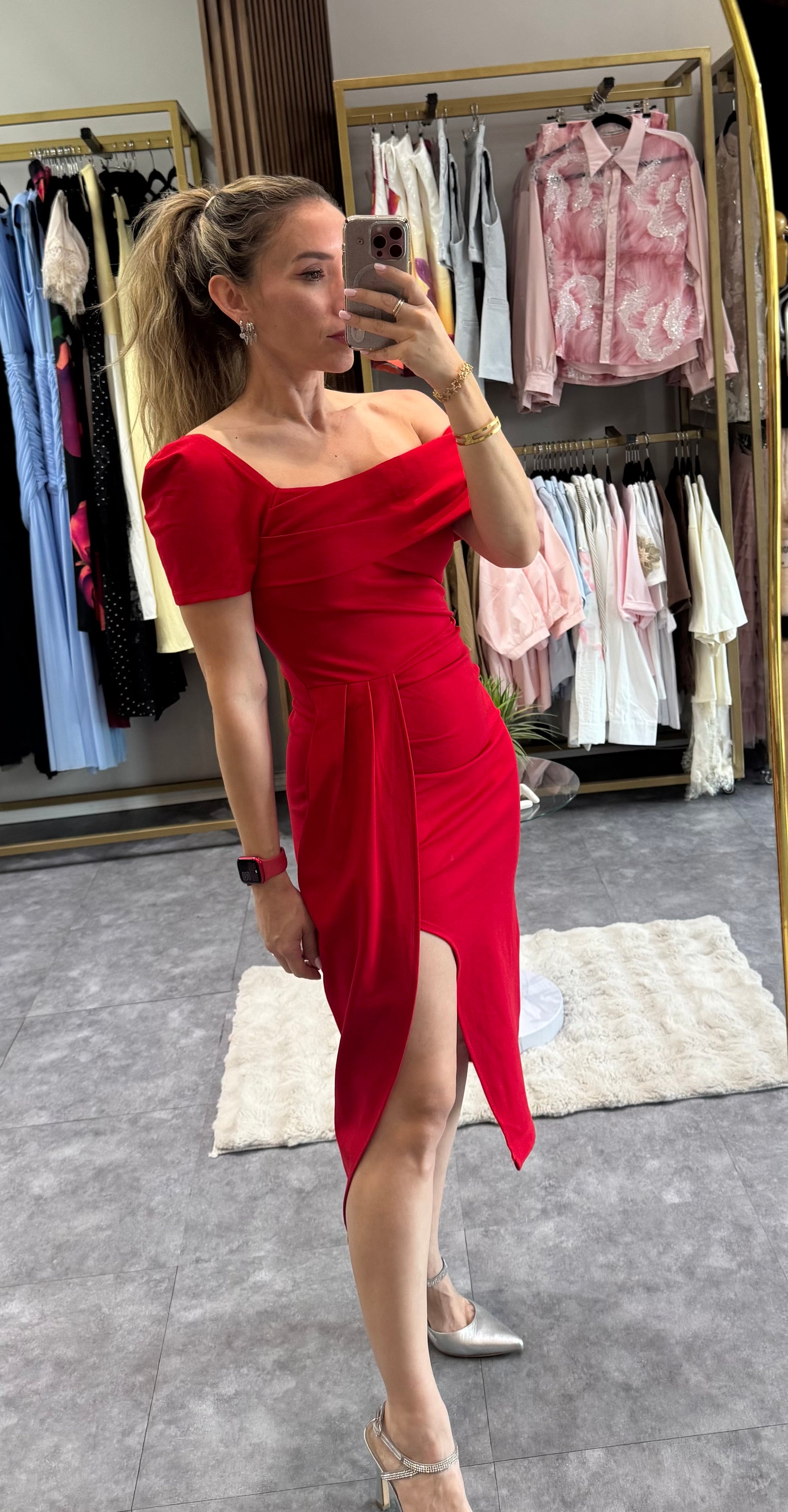 VESTIDO MIDI HOMBRO CAIDO ROJO