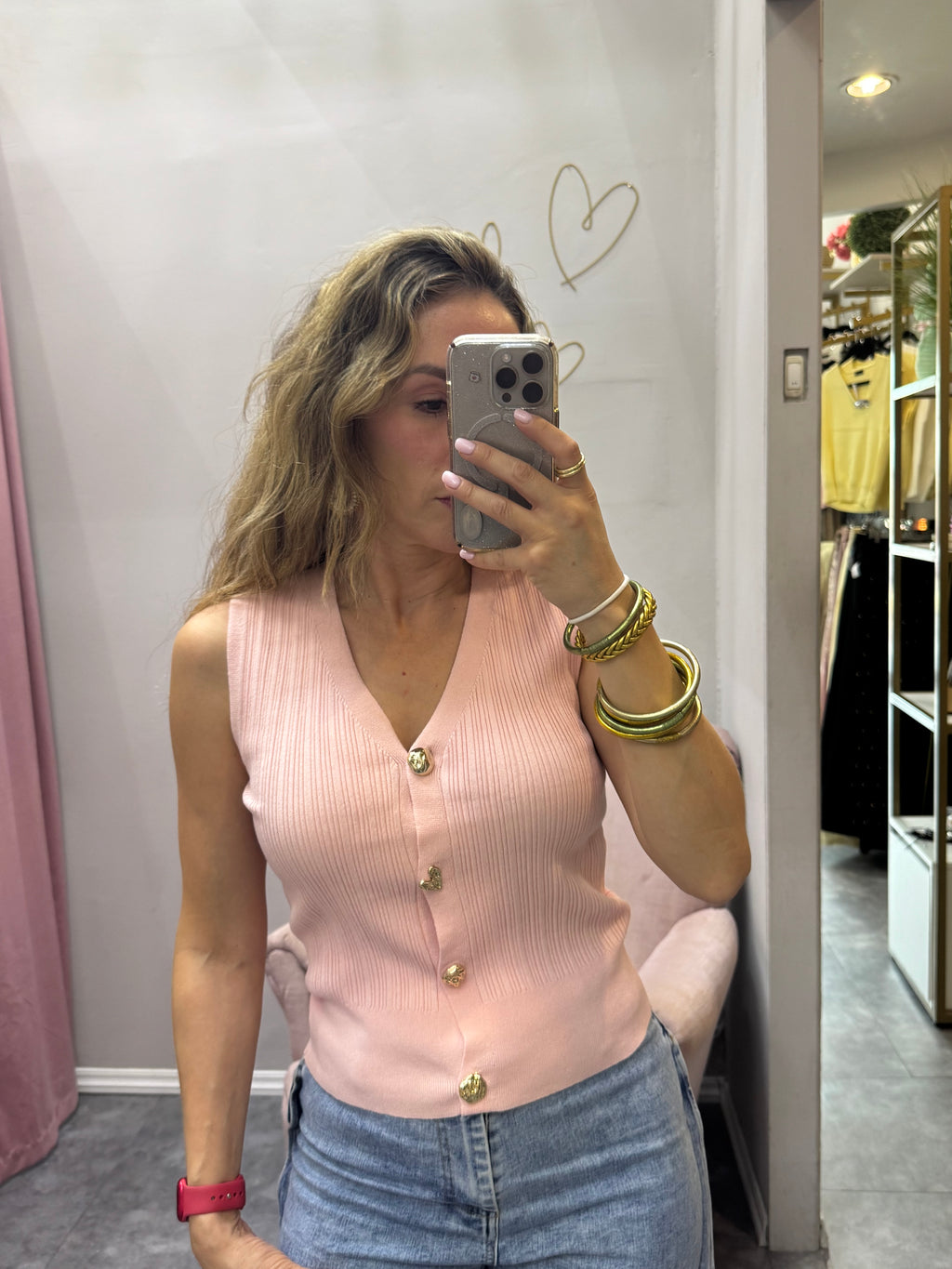 BLUSA DE PUNTO ROSA CON BOTON CORAZON