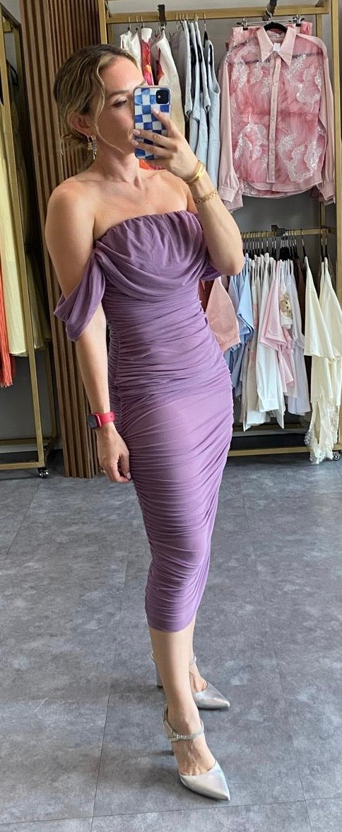 VESTIDO MIDI MESH DE HOMBROS CAIDOS LILA