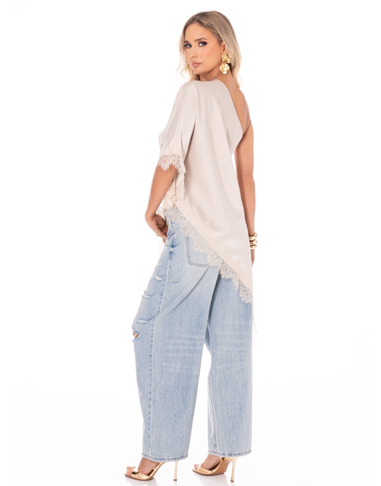 BLUSA SATIN UN HOMBRO LARGA