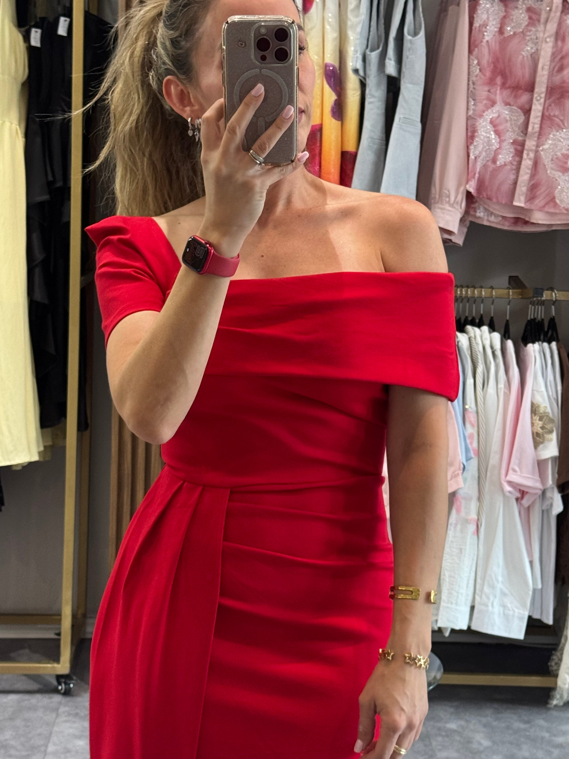VESTIDO MIDI HOMBRO CAIDO ROJO