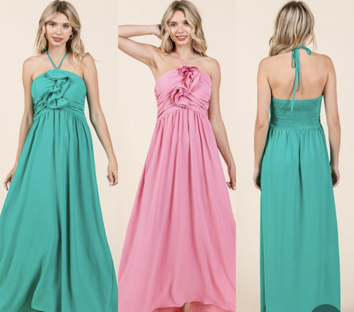 Vestido largo straple con flor al frente