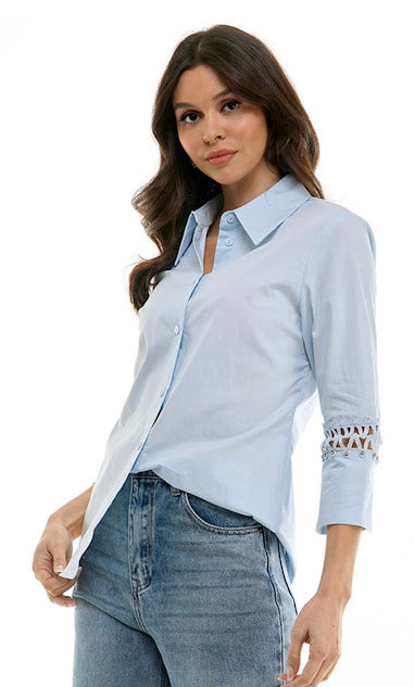 Blusa de botones con zigzag en manga 3/4